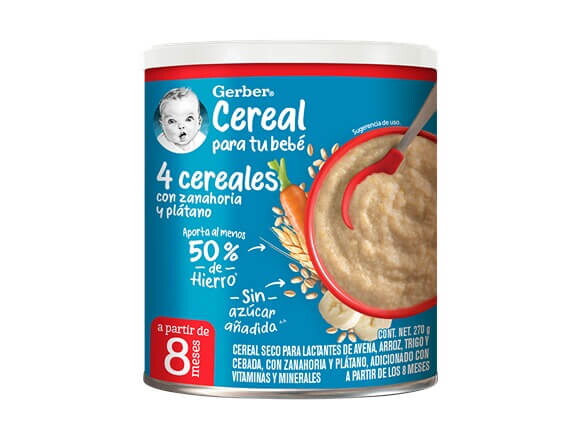 Gerber® Cereal infantil, 4 cereales con zanahoria y plátano, 7 meses