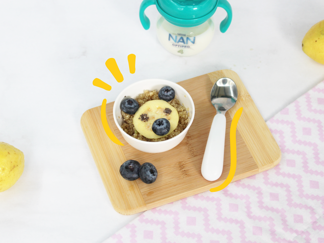 plato de quinoa con guayaba y arandanos en forma de osito vaso con leche nan