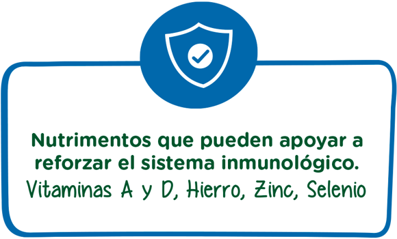 Nutrimentos que pueden apoyar a reforsar el sistema inmunológico. Vitaminas A y D, Hierro, Zinc, Selenio