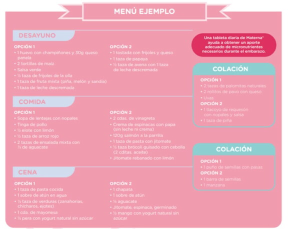 Menú nutritivo 2 para embarazada de 1700/1800 calorías acompañada de una tableta diaria de Materna